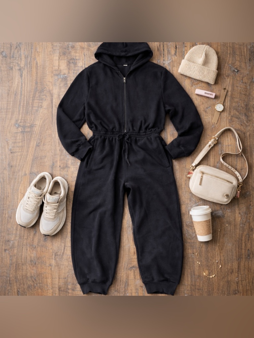 Victoria’s Secret black fleece hooded jumpsuit cozy one piece lounge suit